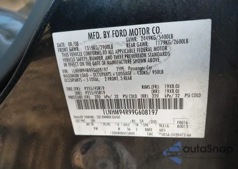 2009 Lincoln Mks z USA, uszkodzony, nr VIN 1LNHM94R99G608197